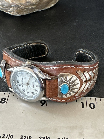 Womens Blue Turquoise Navajo Sterling Silver Cuff Watch Leather Bracelet 17736