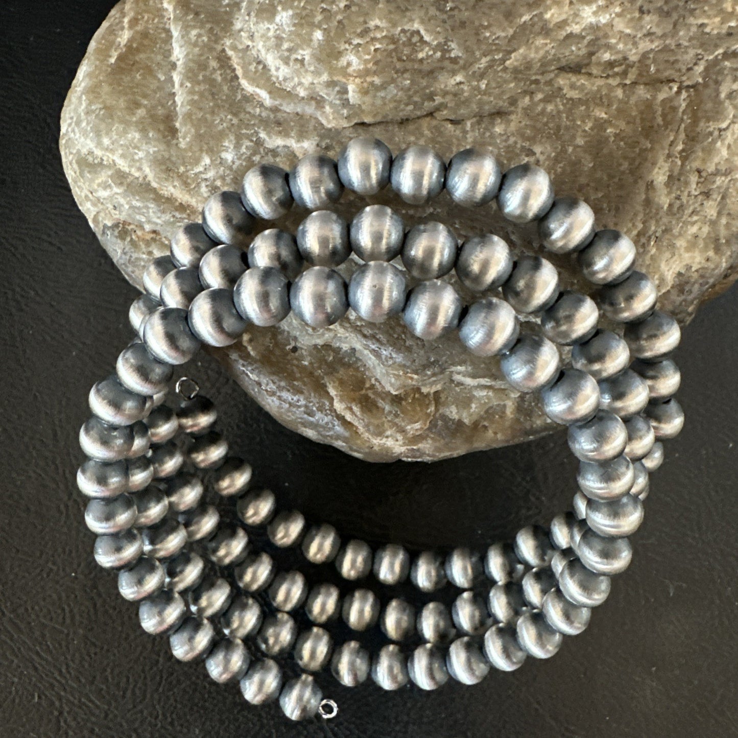 Sterling Silver Navajo Pearls 6mm Beads Stainless Steel Wire Wrap Bracelet 19021