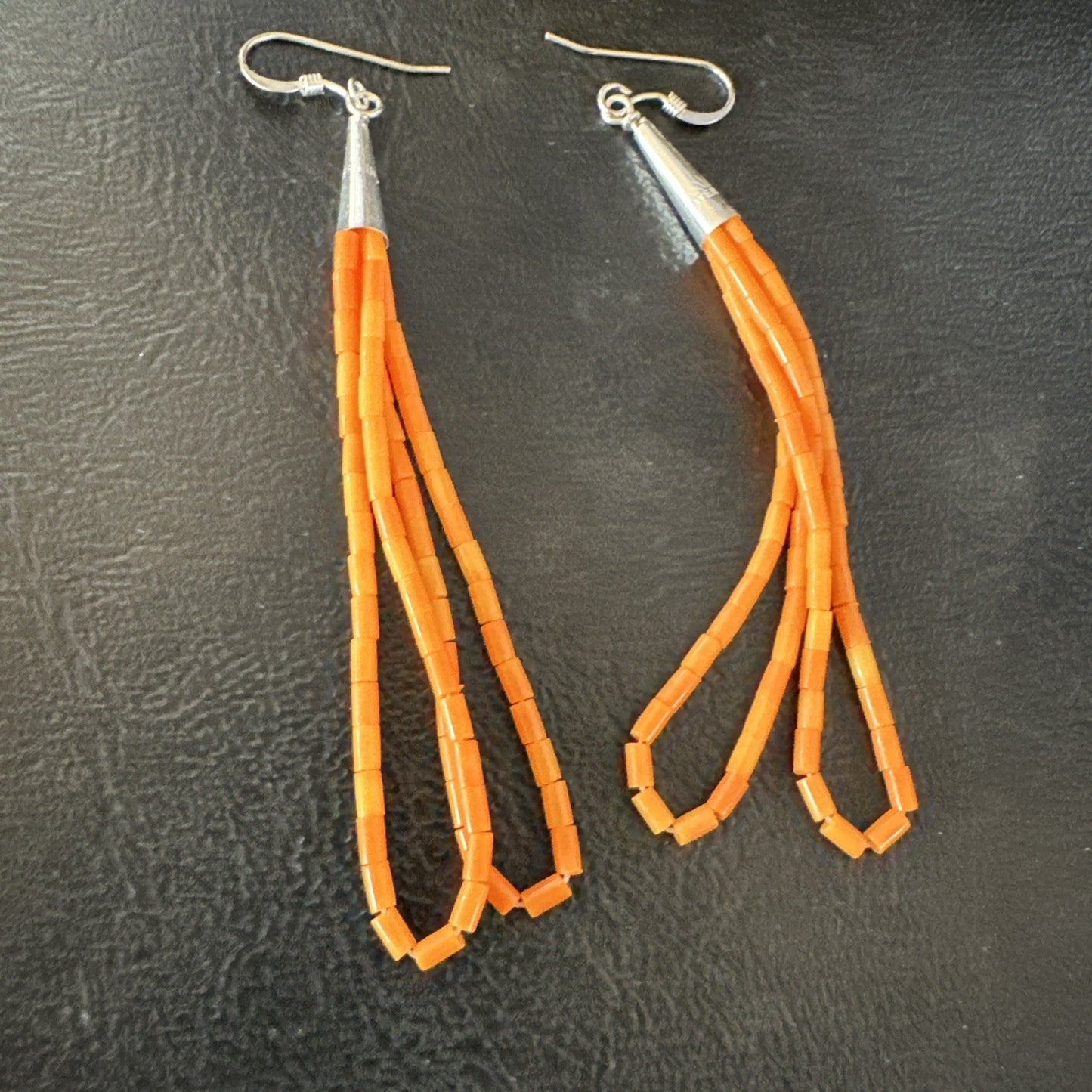 Orange Beads 2 Strands Heishi Liquid Sterling Silver Dangle Earrings 3” 19040