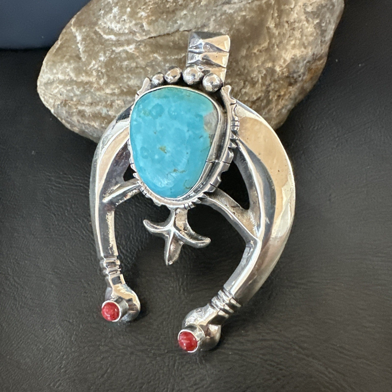 Tufa Cast Navajo Sterling Silver Blue Kingman Turquoise Coral Naja Pendant 19355