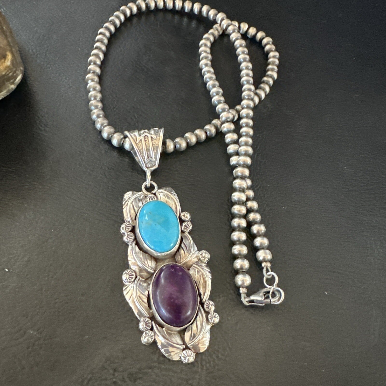 Blue Kingman Turquoise  Purple Stone Pendant Navajo Sterling Silver 18037