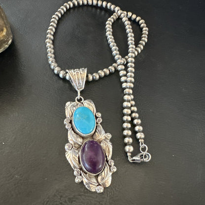 Blue Kingman Turquoise  Purple Stone Pendant Navajo Sterling Silver 18037