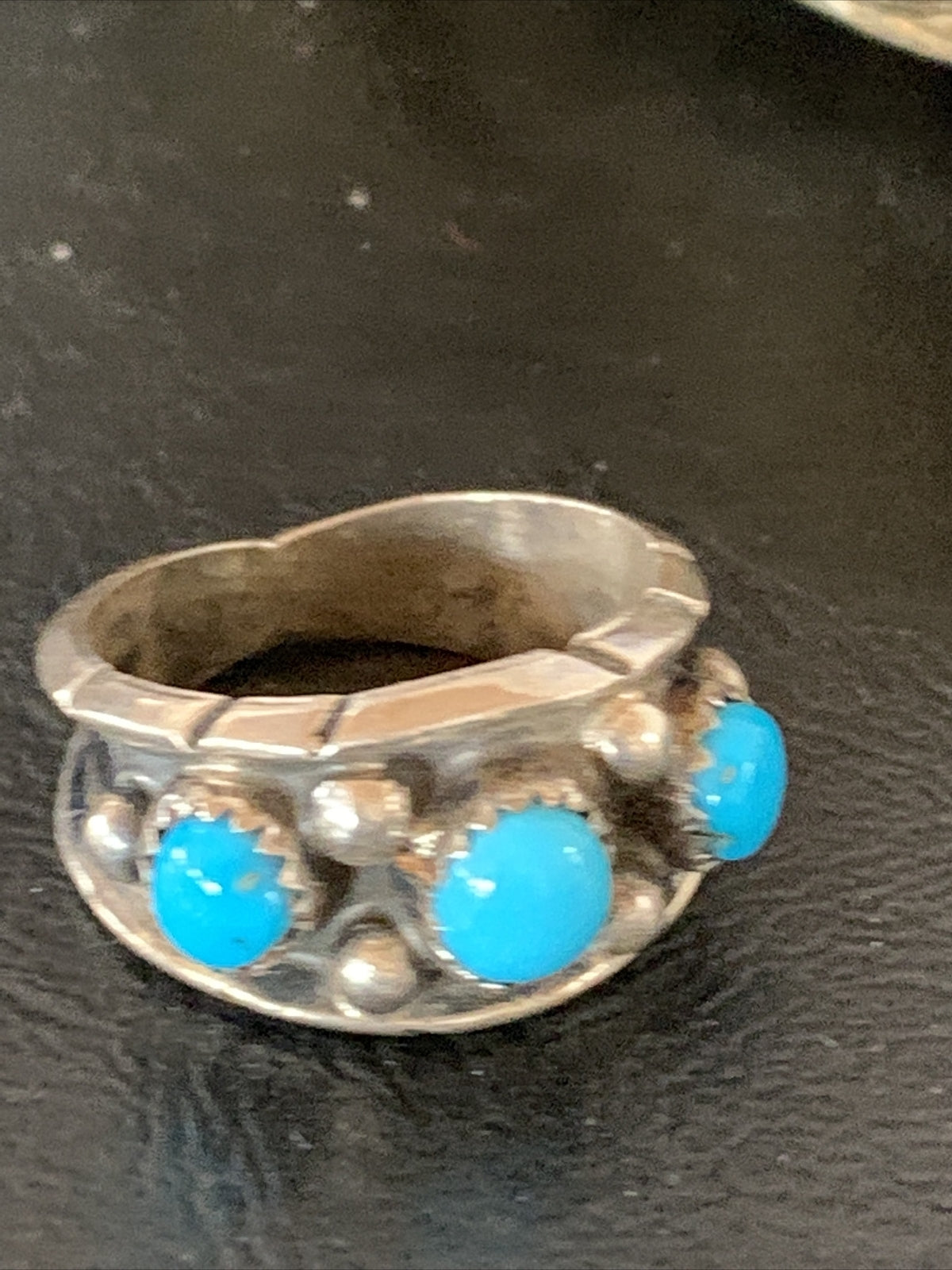 Blue Turquoise 3 stone Navajo Sterling Silver Old Pawn Ring Size 8 10788