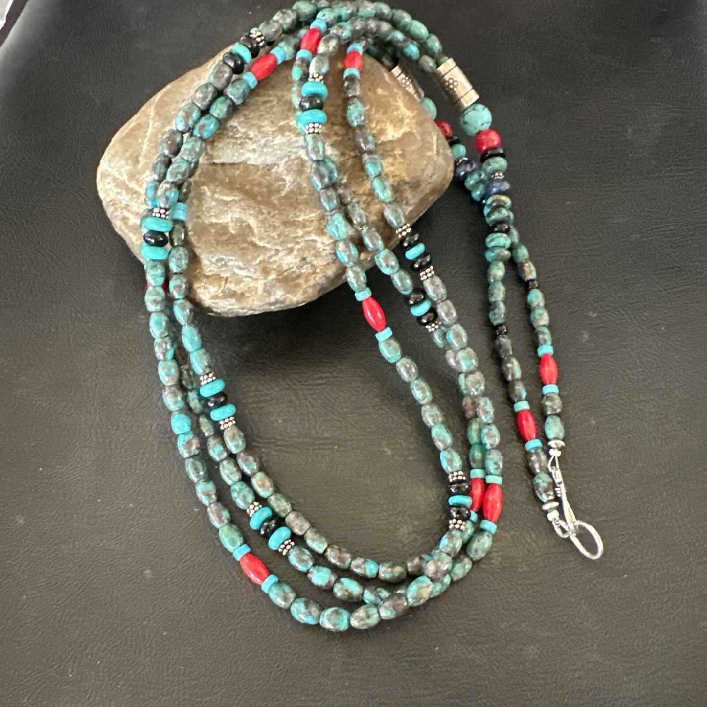 Mens Blue Spiderweb Turquoise Tube 3S Navajo Sterling Silver Necklace 30” 17886