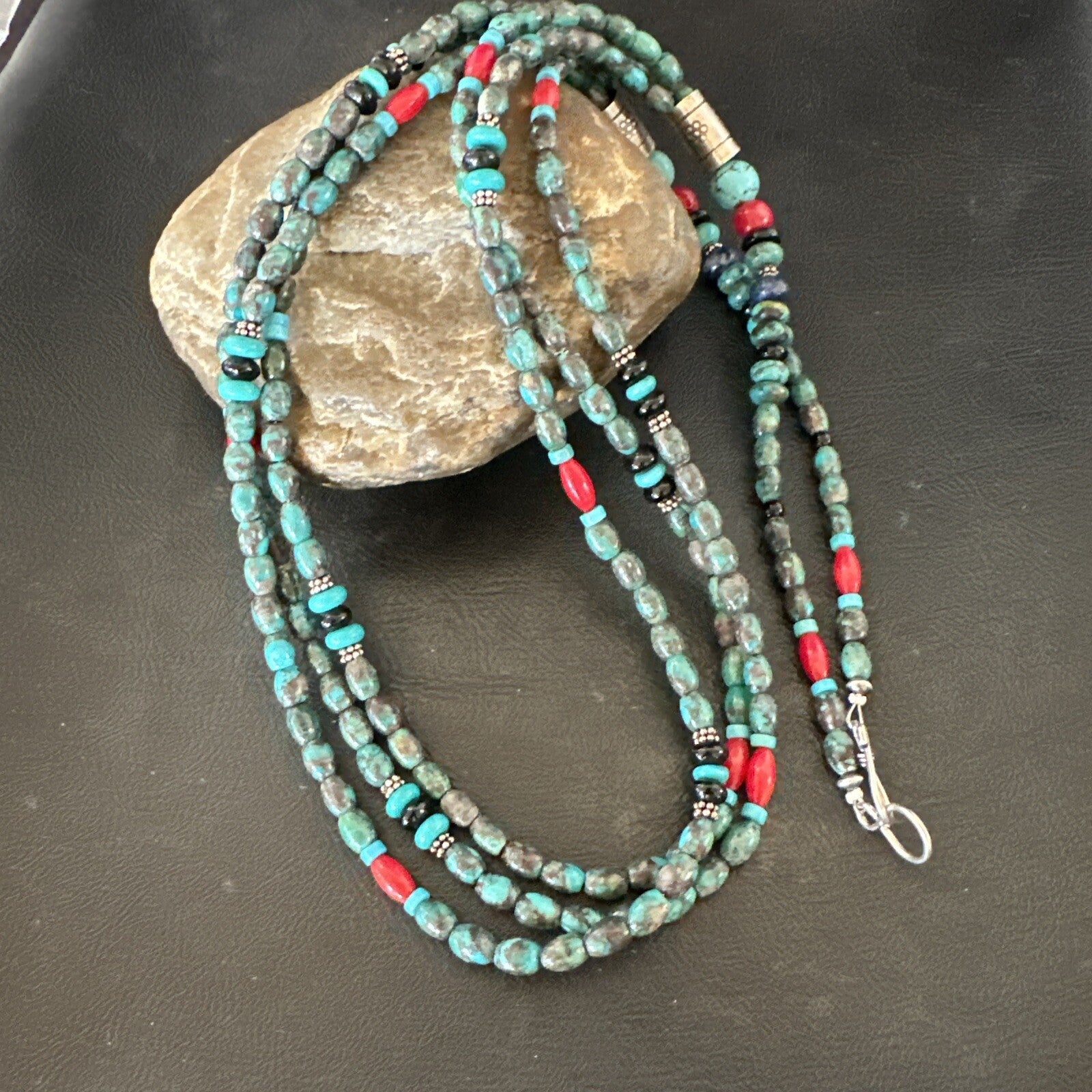 Mens Blue Spiderweb Turquoise Tube 3S Navajo Sterling Silver Necklace 30” 17886