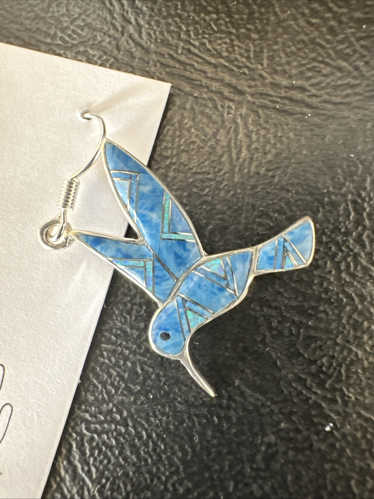 Blue Denim Lapis Opal Sterling Silver Hummingbird Dangle Earrings 19142