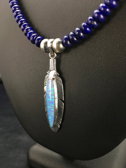 Opal Pendant Lapis Navajo Sterling Silver Beads Necklace & Earring 21" 02798