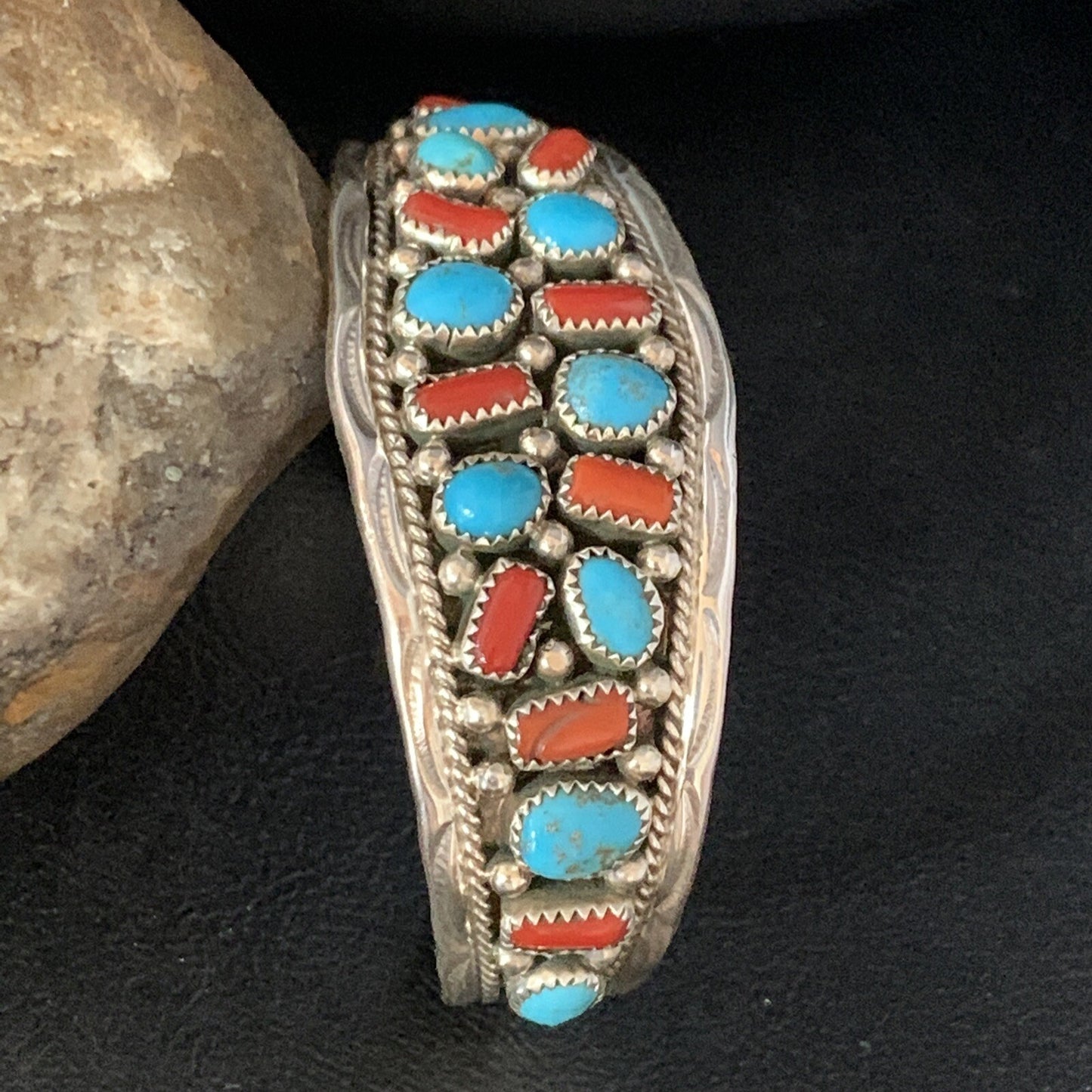 Kingman Turquoise & Red Coral Navajo Sterling Silver Cuff Bracelet 14217