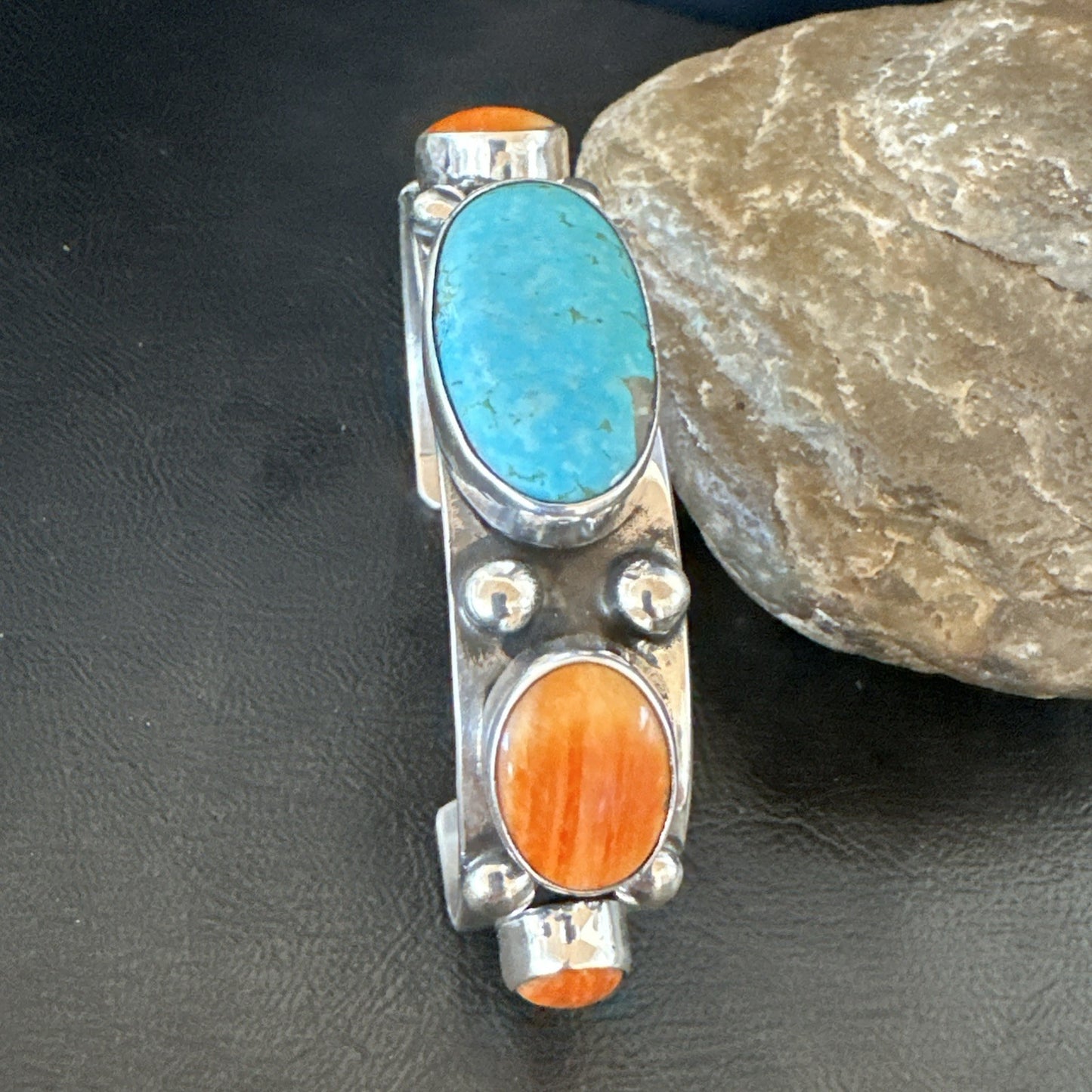 Orange Spiny Turquoise 5 Stone Sterling Silver Navajo Cuff Bracelet 7.7" 19479