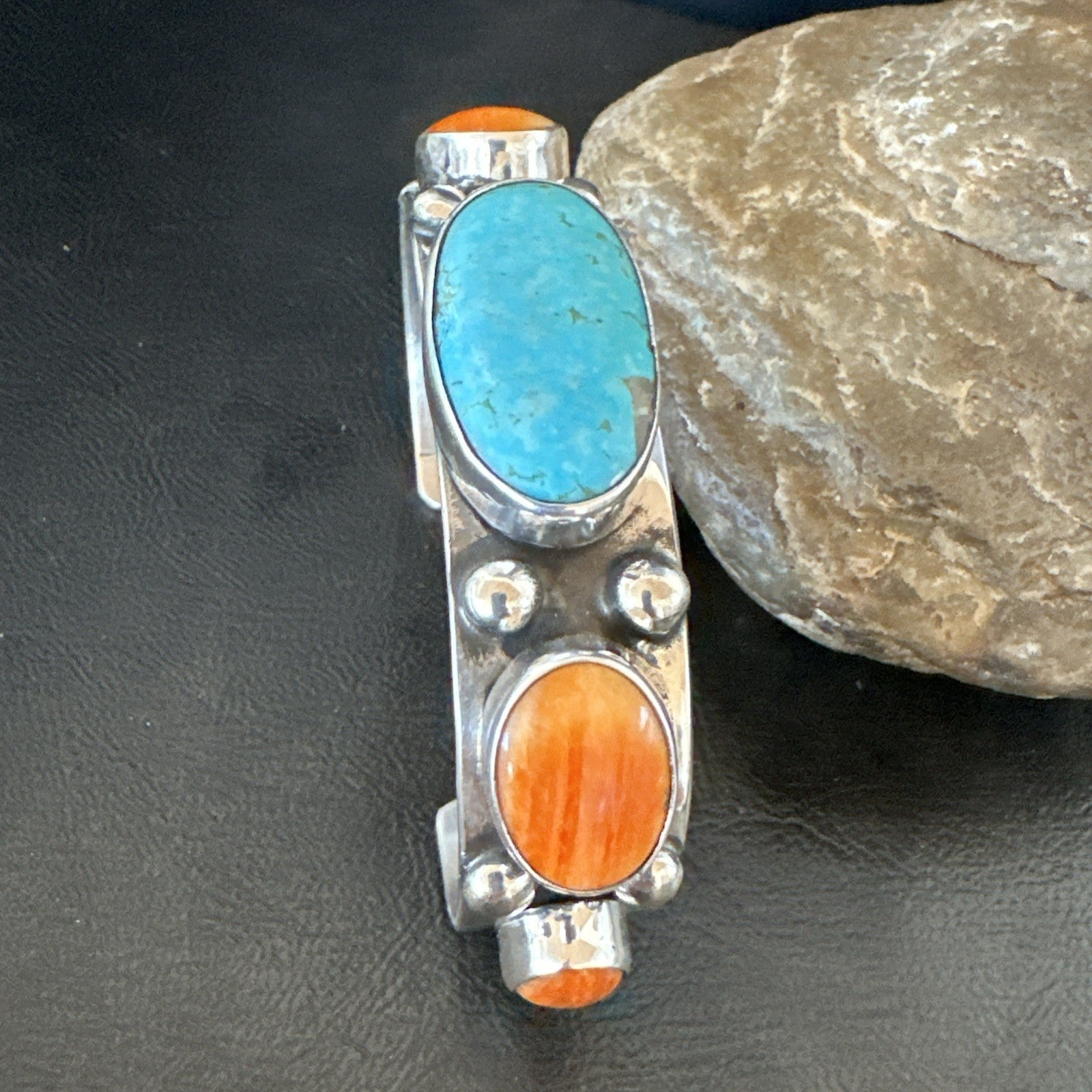 Orange Spiny Turquoise 5 Stone Sterling Silver Navajo Cuff Bracelet 7.7" 19479