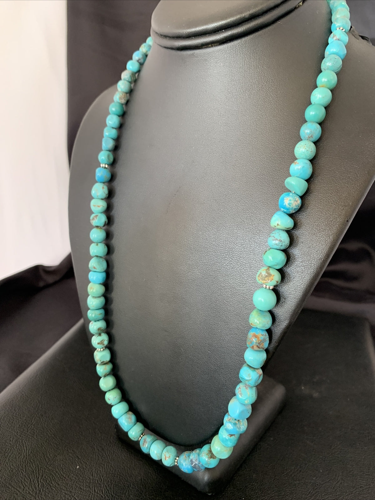 Mens Blue Turquoise Bead Navajo Sterling Silver Necklace 28” 10622
