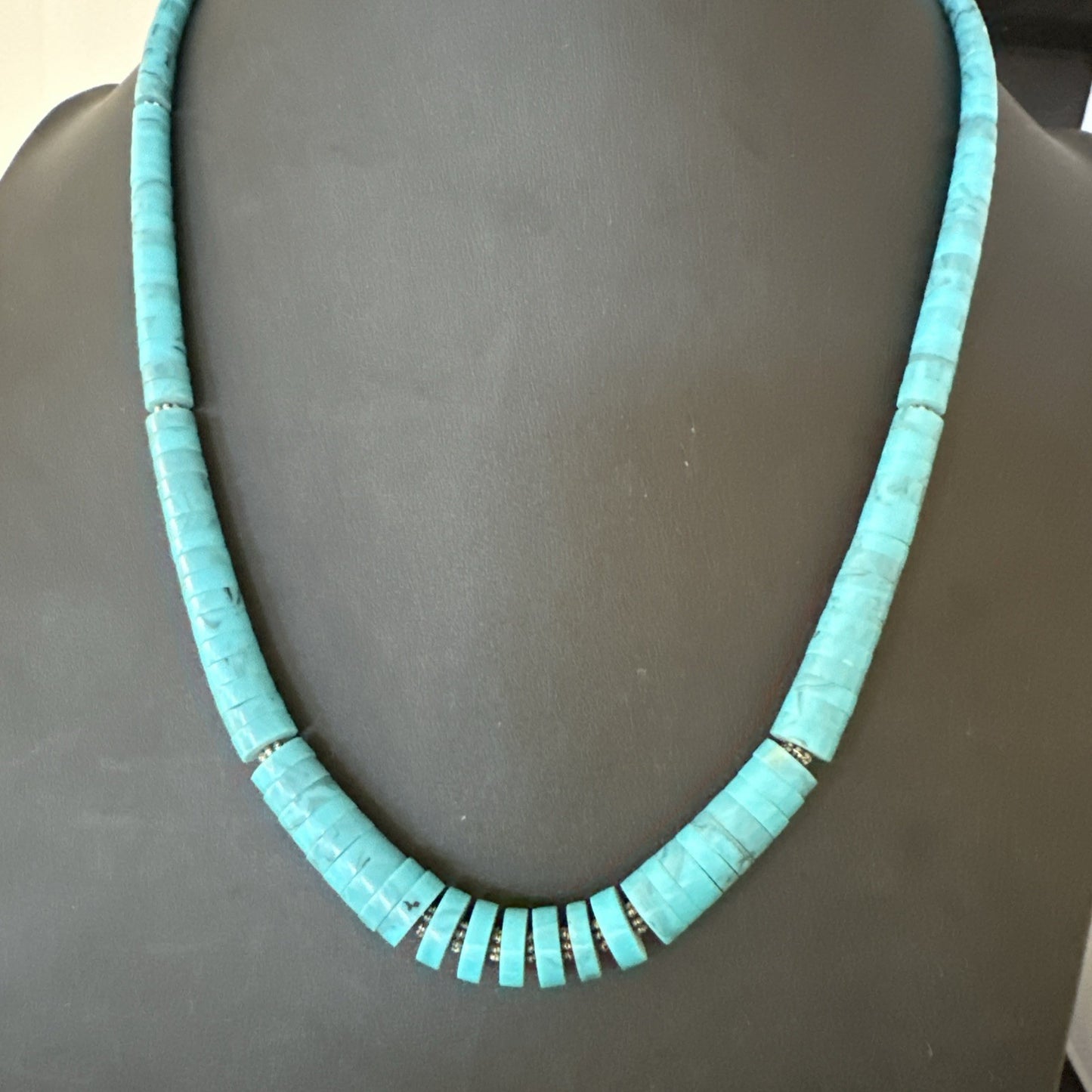 Blue Robin Egg Turquoise Heishi Stabilized Graduated Sterling 23” Necklace 19725