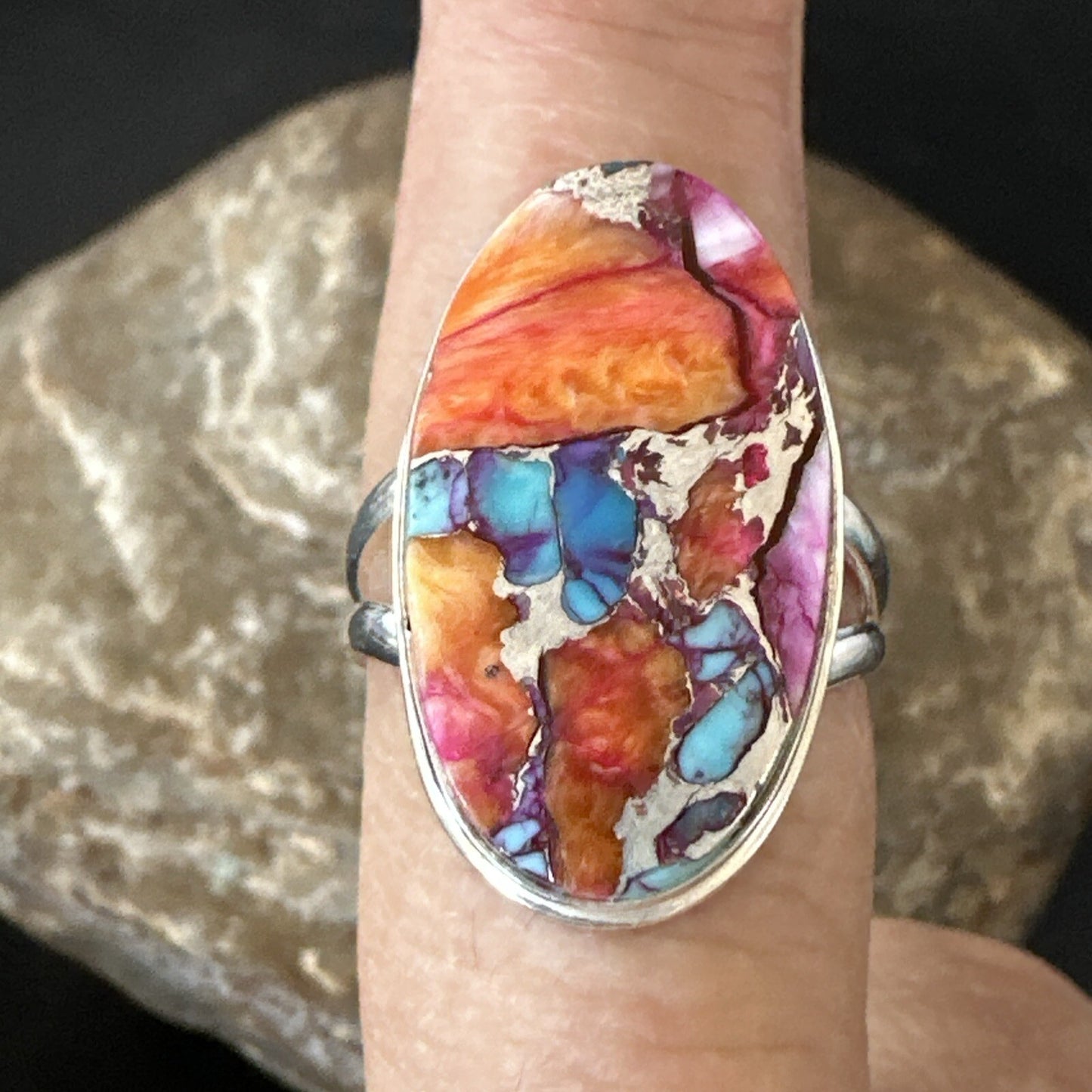 Blue Turquoise Spiny Oyster Southwestern Sterling Silver Ring Size 9 18460