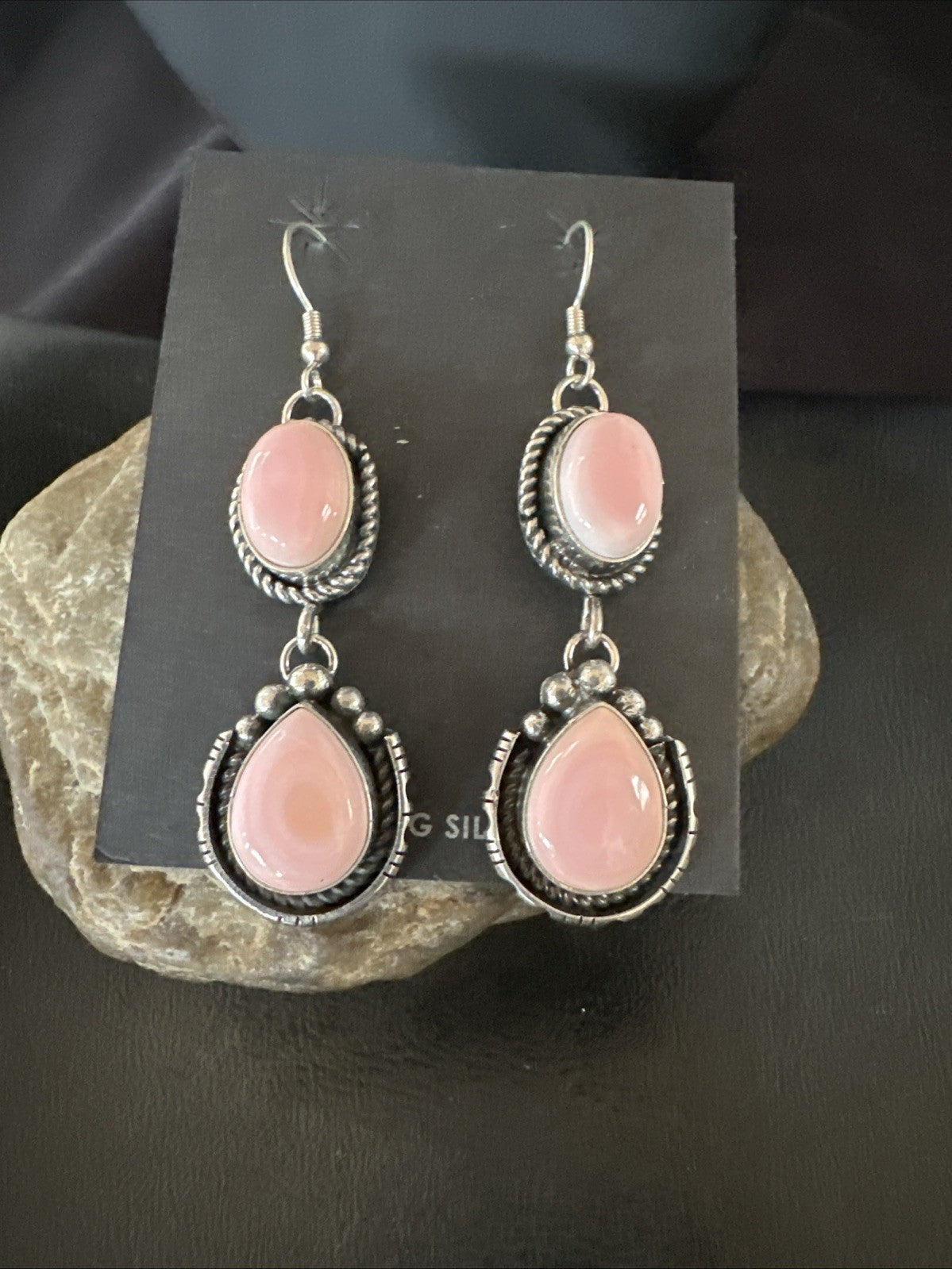 Yazzie Pink Queen Conch Navajo Sterling Silver Dangle Earrings 19320