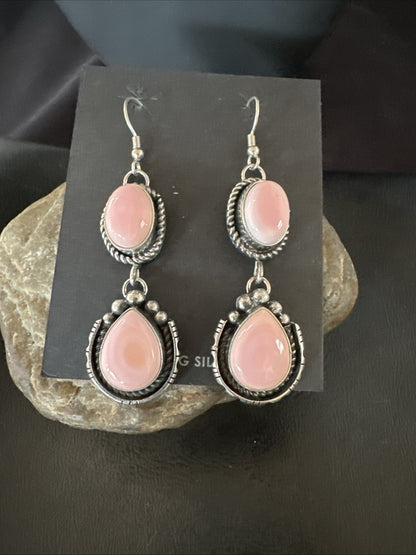 Yazzie Pink Queen Conch Navajo Sterling Silver Dangle Earrings 19320