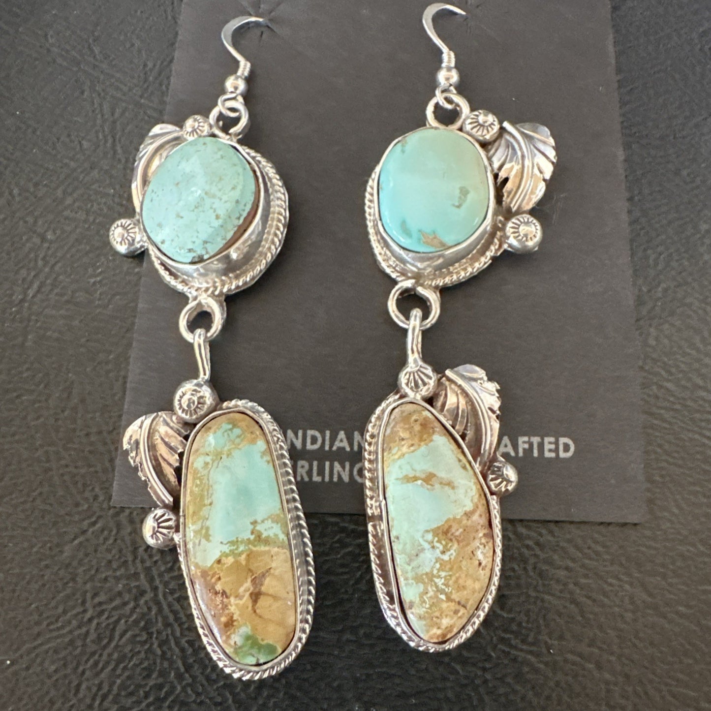 Green Royston Turquoise Navajo Sterling Silver Dangle Earrings 19601