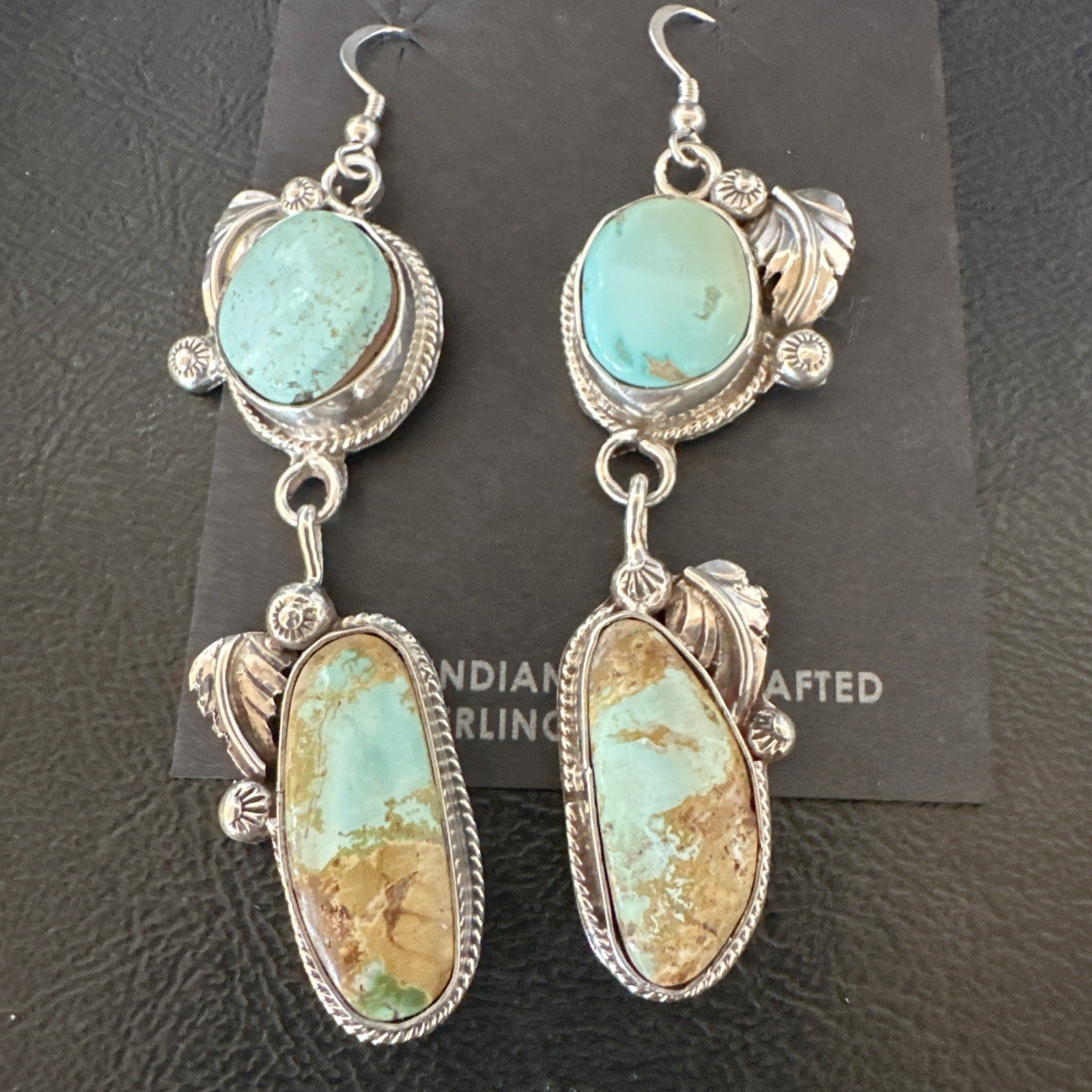 Green Royston Turquoise Navajo Sterling Silver Dangle Earrings 19601