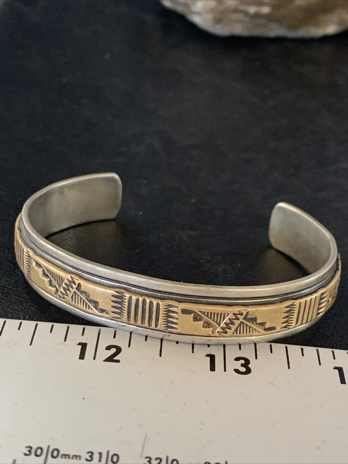 Mens Navajo Handmade Stamped Sterling Silver 12K Gold Cuff Bracelet 19032