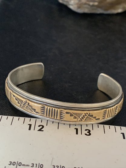 Mens Navajo Handmade Stamped Sterling Silver 12K Gold Cuff Bracelet 19032