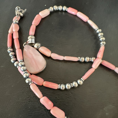 Southwestern Sterling Silver Pink Coral Bead Necklace Quartz Pendant 24" 19590