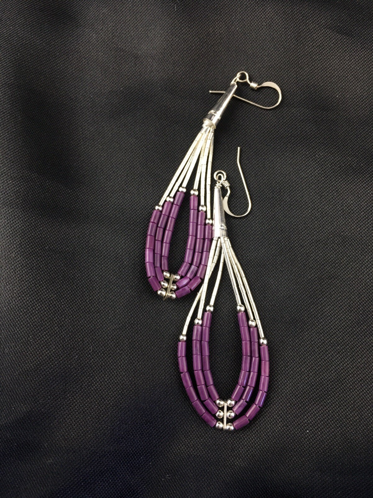 Purple Stone 3 Strand Heishi Liquid Sterling Silver Dangle Earrings 01985