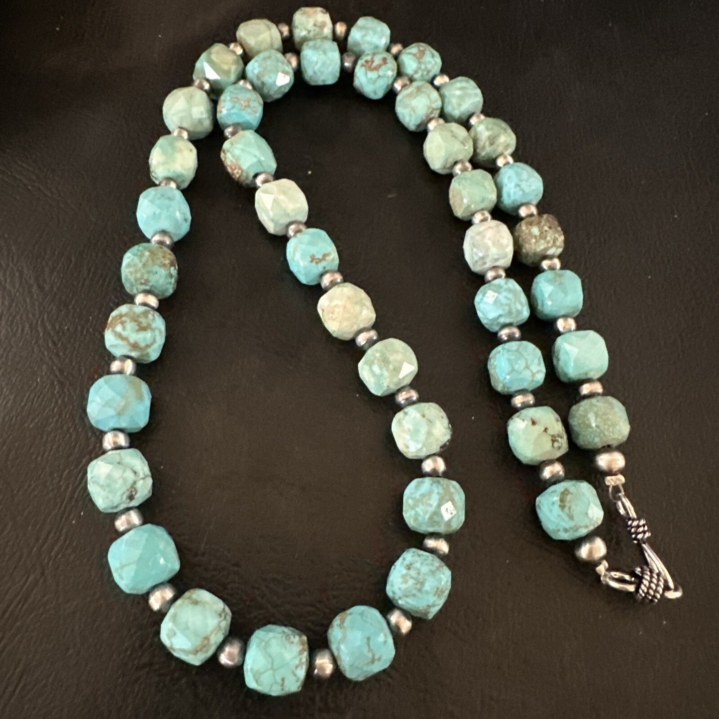 Faceted Blue Turquoise Navajo Sterling Silver Beads Necklace 21” 17727