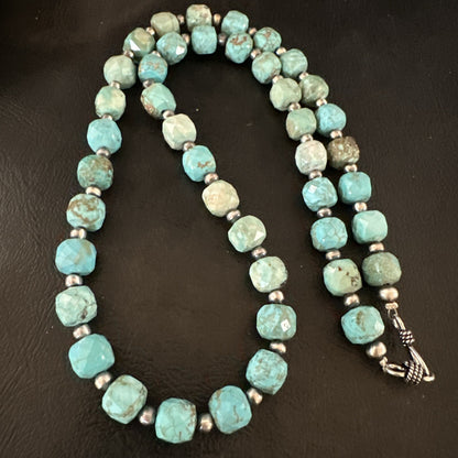 Faceted Blue Turquoise Navajo Sterling Silver Beads Necklace 21” 17727