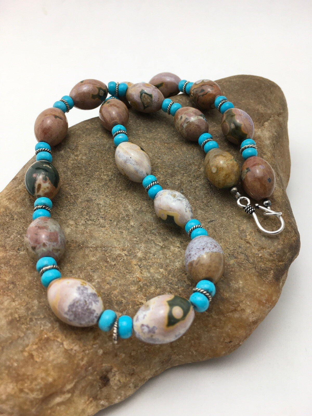 Turquoise & Agate Navajo Pearls Sterling Silver Necklace 04499