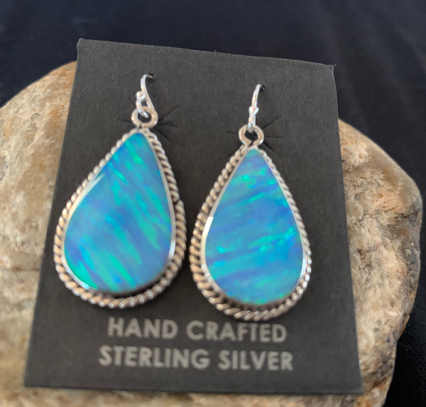 Women's Navajo Blue Opal Earrings | Sterling Silver | Authentic Native American Handmade | 00471