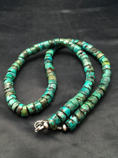 Rustic Turquoise 12 mm Heishi Sterling Silver Bead Necklace 26” 15262