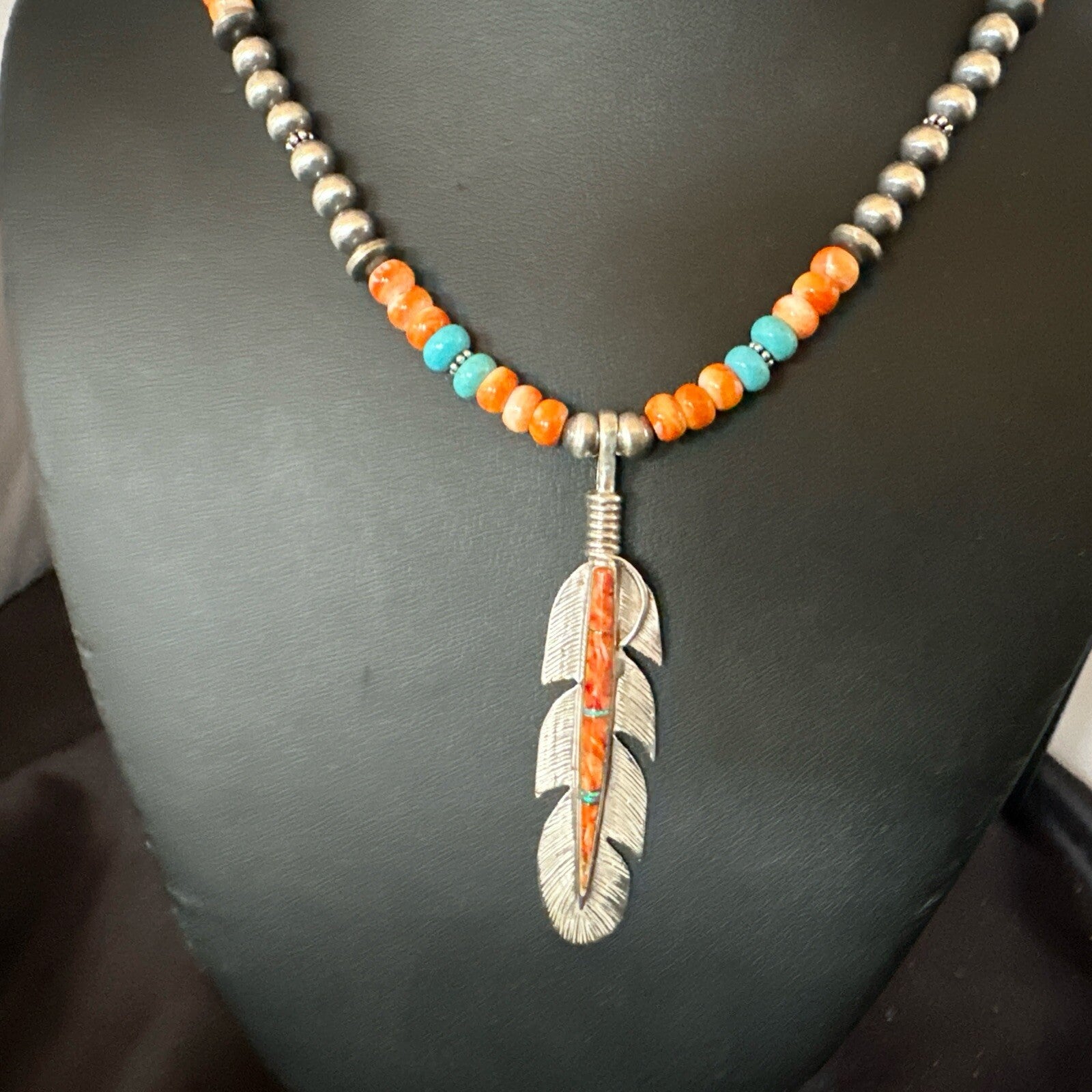 Feather Orange Spiny Opal Pendant Sterling Silver Turquoise Necklace 21” 18672