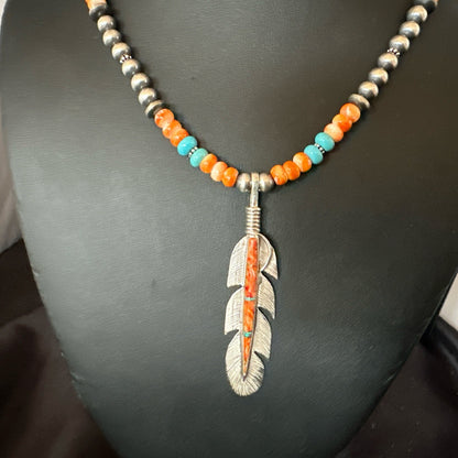 Feather Orange Spiny Opal Pendant Sterling Silver Turquoise Necklace 21” 18672