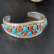 Kingman Turquoise Red Coral Navajo Cuff Bracelet | Sterling Silver | Authentic Native American Handmade | 14217