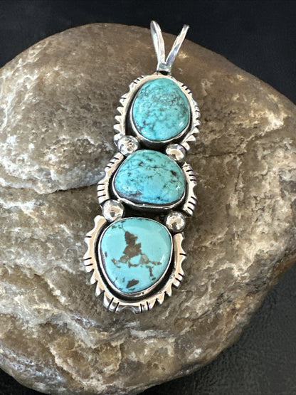 Blue Turquoise 3 Stone Navajo Sterling Silver Cluster Pendant Only 18309