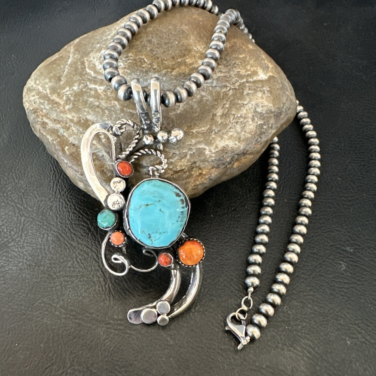 Multicolor Turquoise Spiny Navajo Sterling Silver Cluster Pendant Necklace 19683