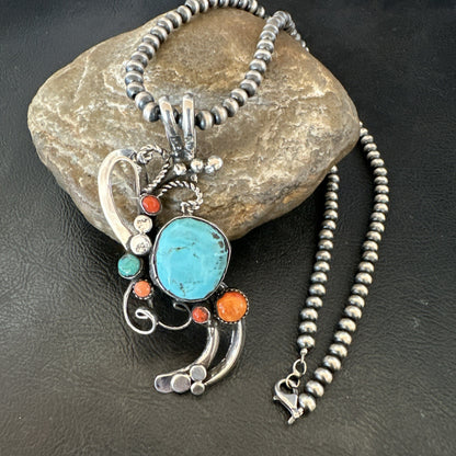 Multicolor Turquoise Spiny Navajo Sterling Silver Cluster Pendant Necklace 19683