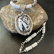 White Buffalo Turquoise Pendant Navajo Pearls Necklace 20" | Sterling Silver | Authentic Native American Handmade | 19499