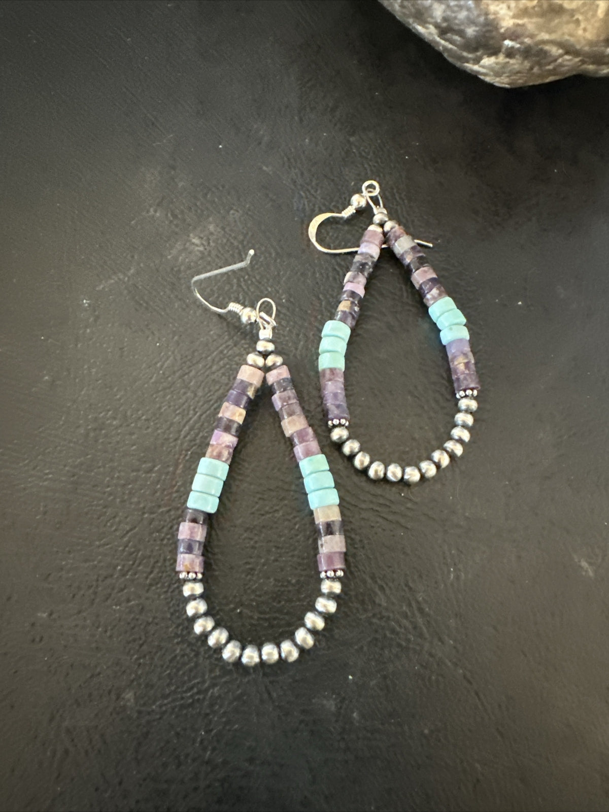 Blue Turquoise Purple Ston Heishi Sterling Silver Navajo Beads Earrings 2" 17838