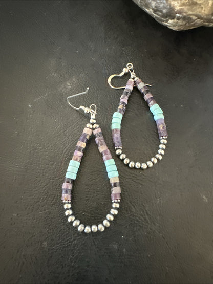 Blue Turquoise Purple Ston Heishi Sterling Silver Navajo Beads Earrings 2" 17838