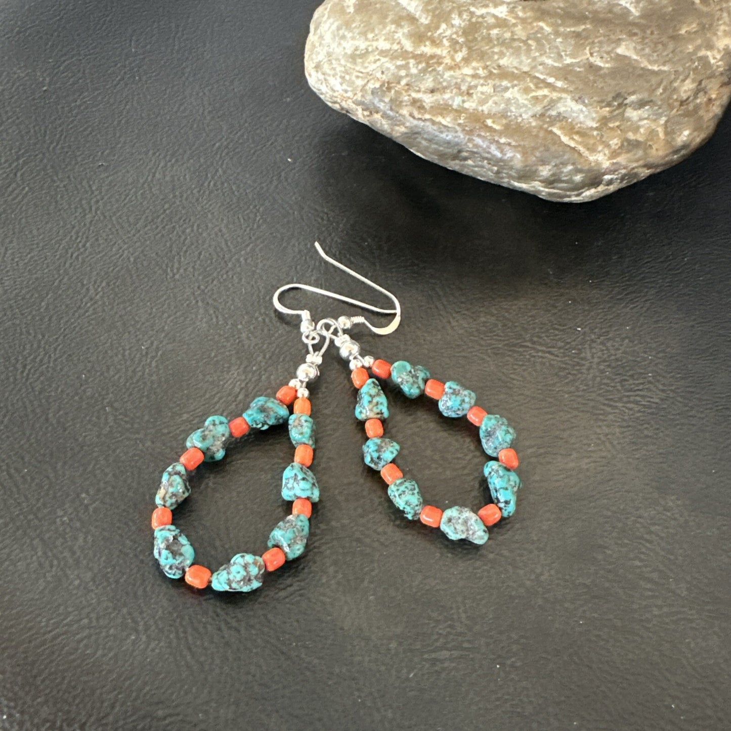 Blue Kingman Nugget Turquoise Coral Navajo Sterling Silver Earrings 2” 18836