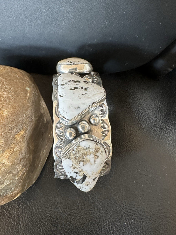 Men's White Buffalo Turquoise Navajo Cuff Bracelet 7.75" | Sterling Silver | Authentic Native American Handmade | 19427