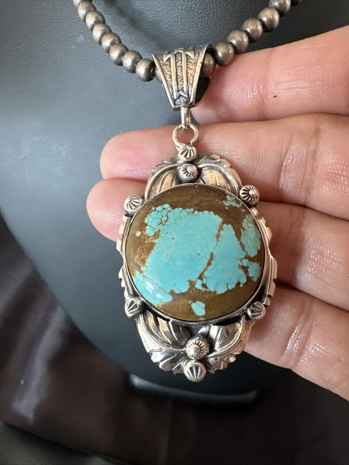 Mens Blue Turquoise#8 Pendant Navajo Sterling Silver Necklace 18071