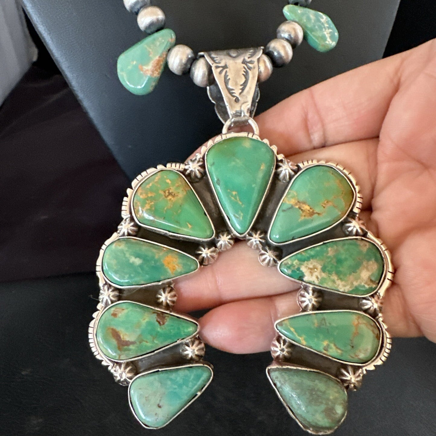 Mens Green Turquoise Naja Pendant Navajo Sterling Silver Necklace 28" 17380