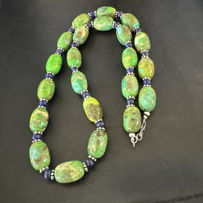 Green Turquoise Lapis Nugget Southwestern Sterling Silver Necklace 22" 19249