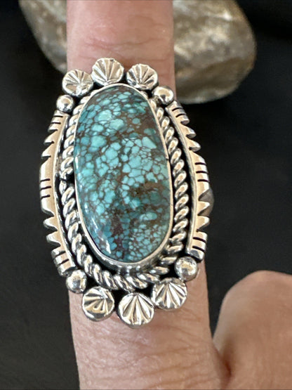 Navajo Sterling Silver Spiderweb Turquoise Adjustable Ring Sz 8 19616