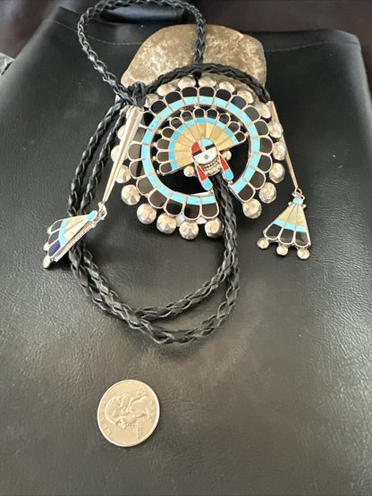 Mens Bolo Tie Zuni Sunface Kingman Turquoise Onyx Inlay Sterling Silver 18142