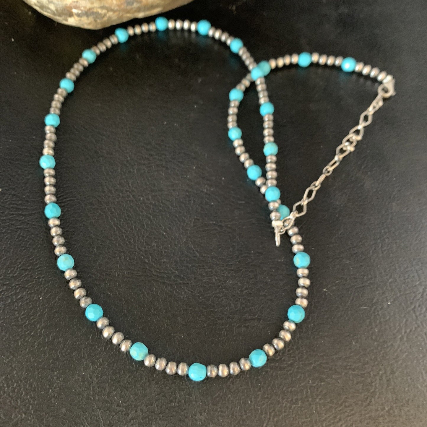 Minimalist Navajo Pearls 3mm Sterling Blue Turquoise Necklace 16" 13591