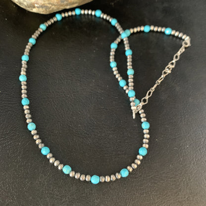 Minimalist Navajo Pearls 3mm Sterling Blue Turquoise Necklace 16" 13591