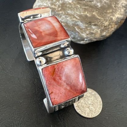 Red Spiny 3 Stone Sterling Silver Navajo Cuff Bracelet 7.7" 19488