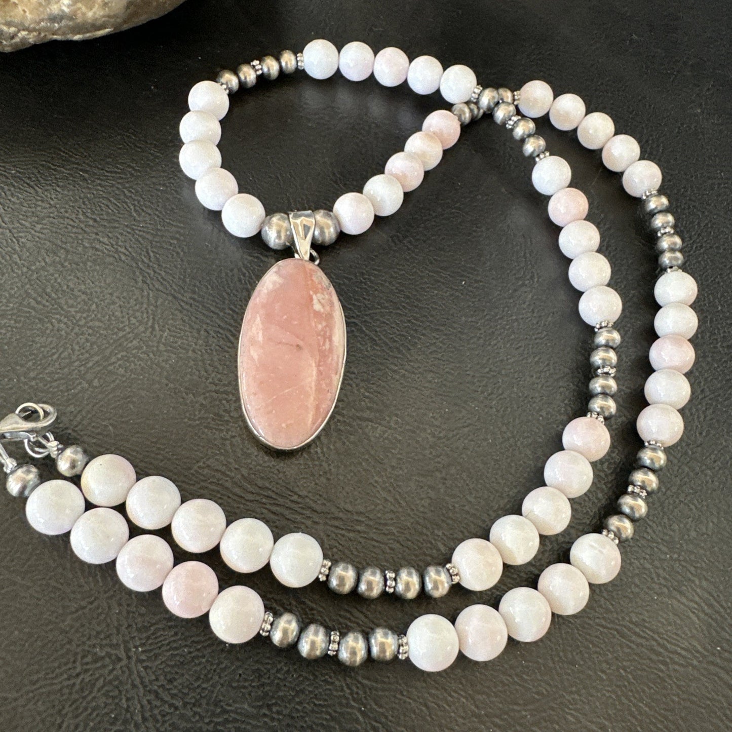 Southwestern Sterling Silver Pink Queen Conch Bead Necklace Pendant 20" 19582
